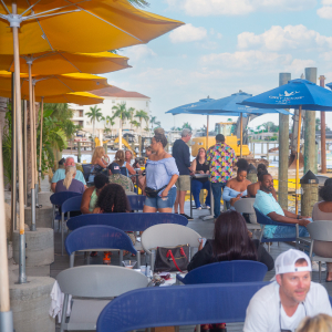 outdoor seating arrangement of circles waterfront restaurant